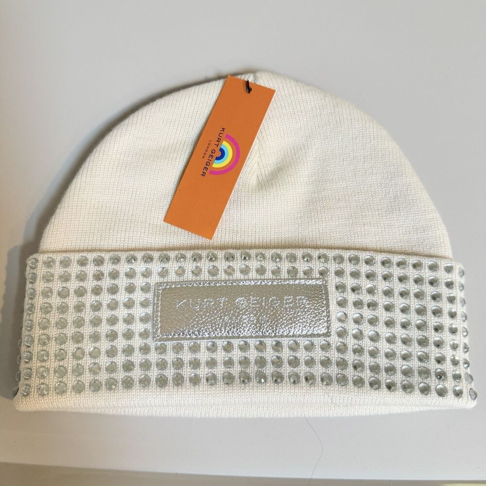 Kurt Geiger London Logo Crystal Cuff Beanie One Size Cream Silver Rhinestone NWT